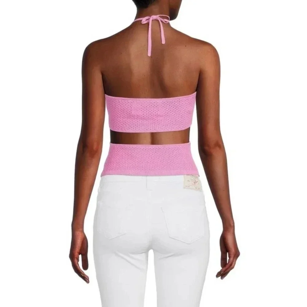 Revolve Victor Glemaud NWT’s crochet cut out halter top in neon pink. Size XL